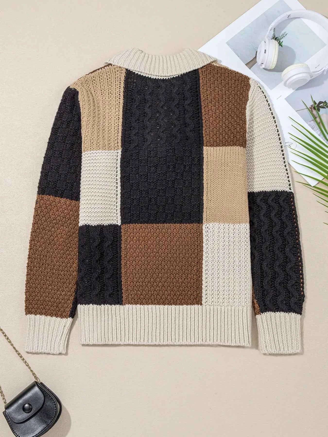 Multicolour Color Block Cable Knit Sleeve Buttons Collared Sweater 3f6ed1c4d70d41e4b41bedb2761f62b2-Max-Origin