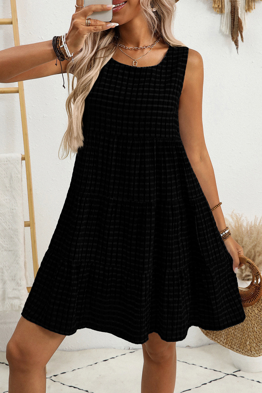White Gingham High Waist Sleeveless Mini Dress Black 3f7b4c36eb648730