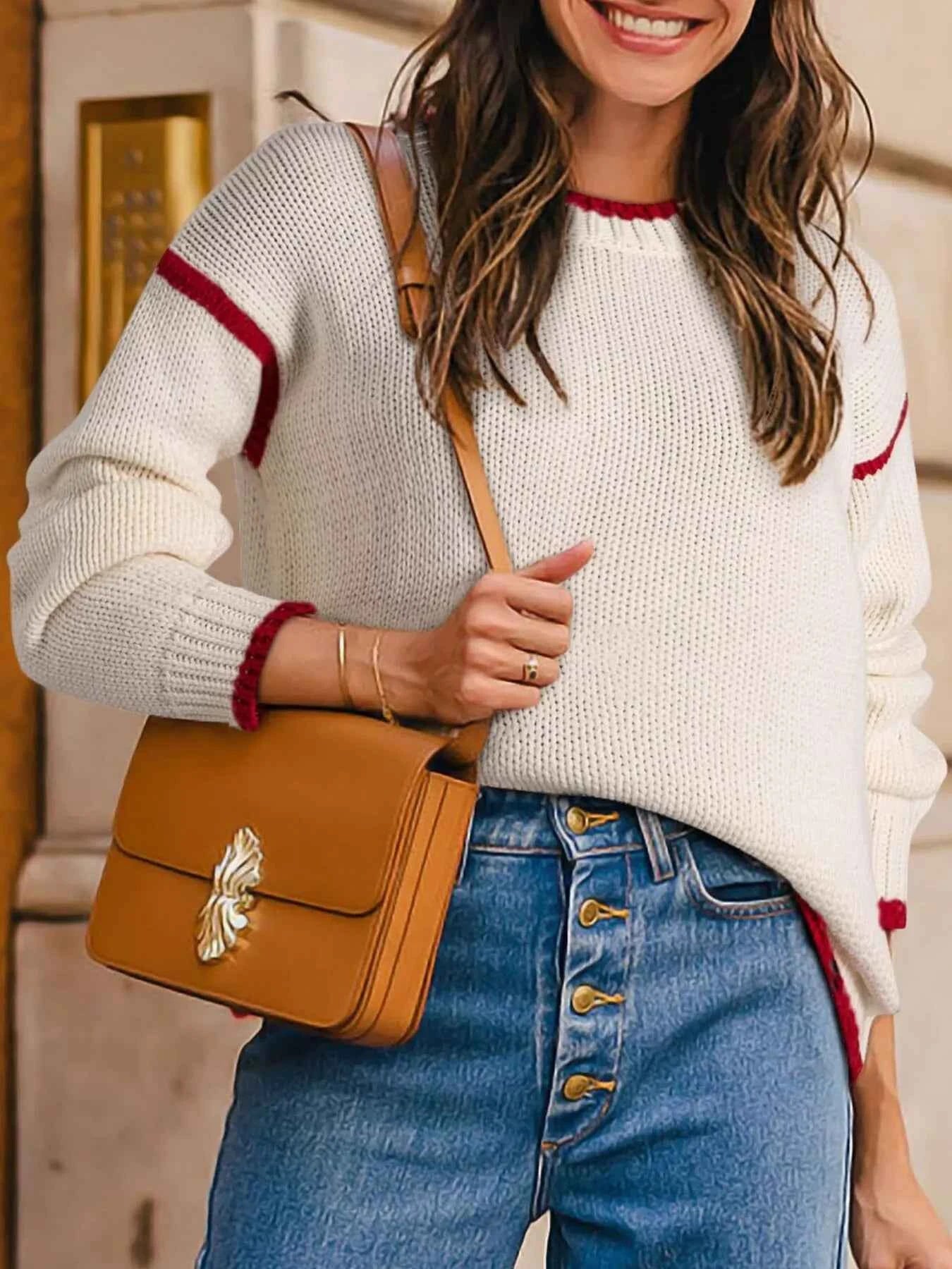 Contrast Trim Long Sleeve Sweater Ivory 3f91e34bdf5a4b72af76c34944efd707-Max-Origin