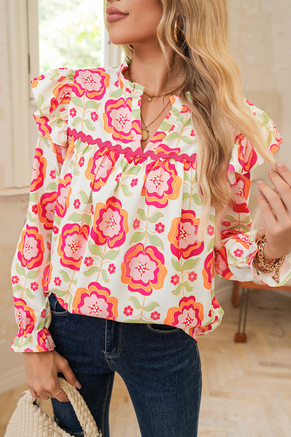 Rose Floral V Neck Ricrac Trim Ruffle Long Sleeve Blouse Rose 3f9e58b53b4e4639