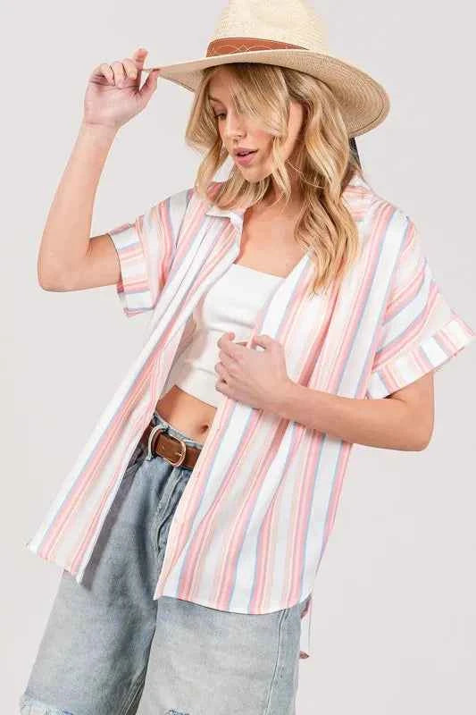 SAGE+FIG Full Size Multi Stripe Button Down Short Sleeve Shirt Plus Size