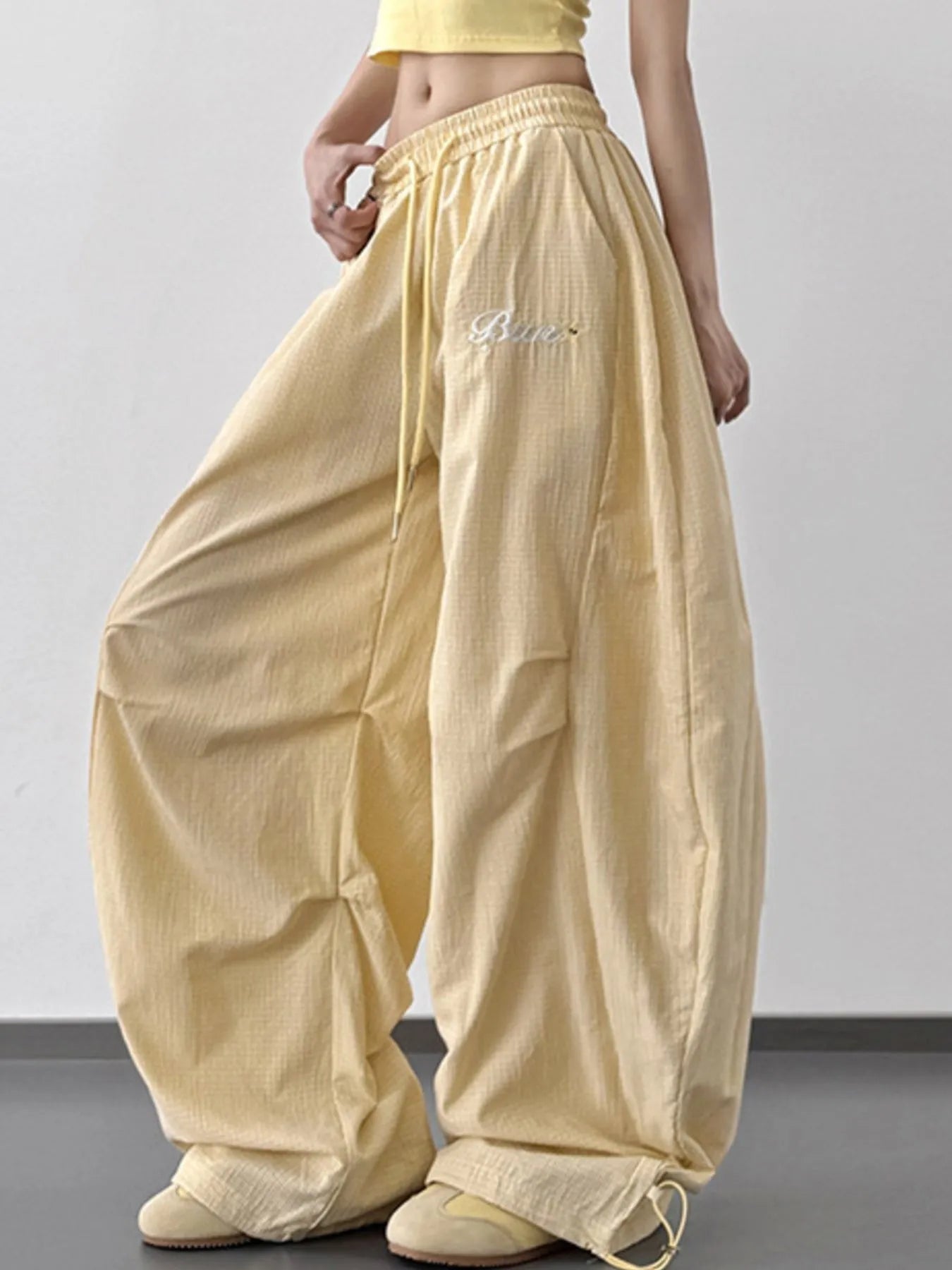 Wide Leg Drawstring Casual Pants Yellow 3fae56cd-2db7-4eb0-8ecb-fcab3d252f3d-Max-Origin