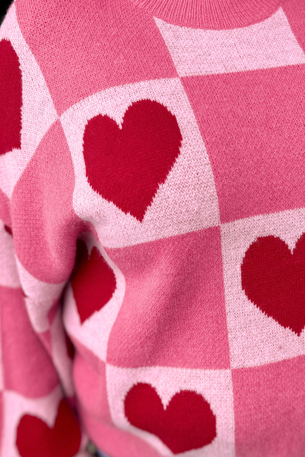 Pink Love Heart Checkered Valentine Knit Sweater 3fb0aa54ff86ca6a