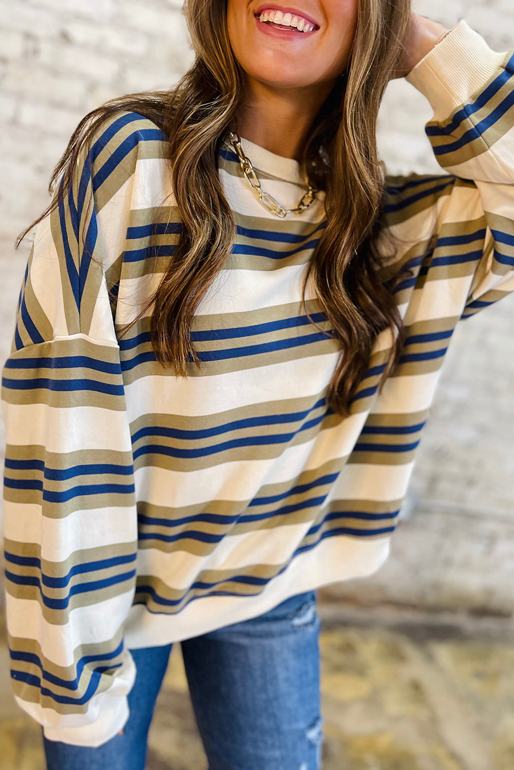 Khaki Striped Crew Neck Drop Shoulder Pullover Sweatshirt Khaki Stripe 100%Polyester 3fbb8975d11a41af