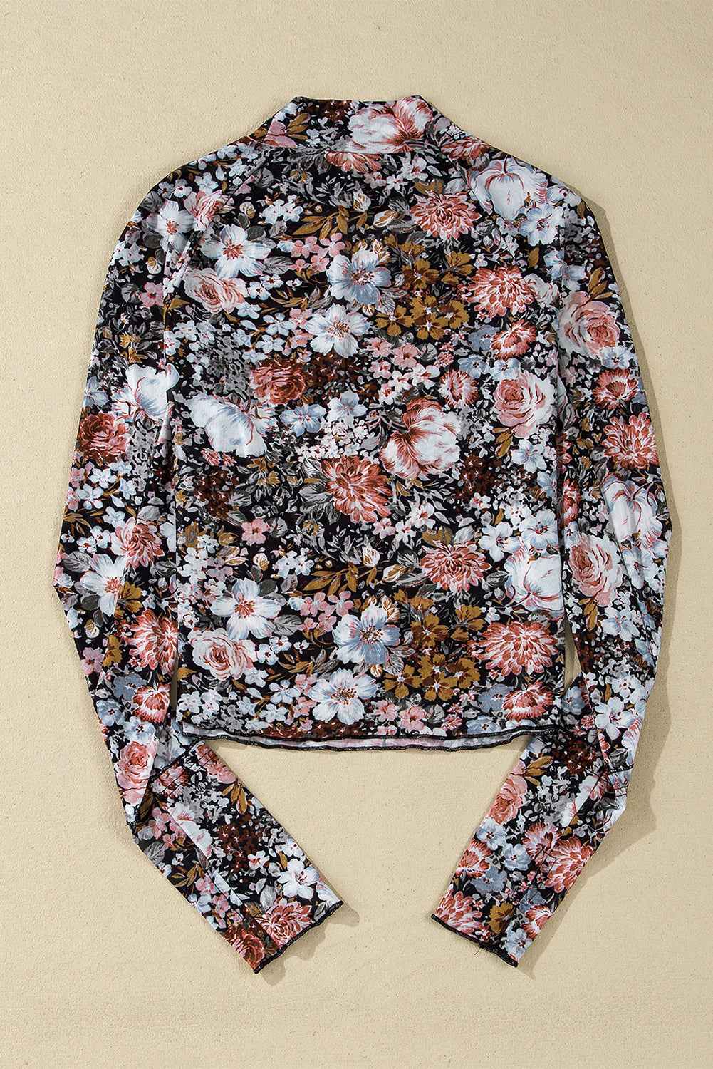 Brown Floral Print Mesh Mock Neck Slim Top 3fbfa74268cdd4e3
