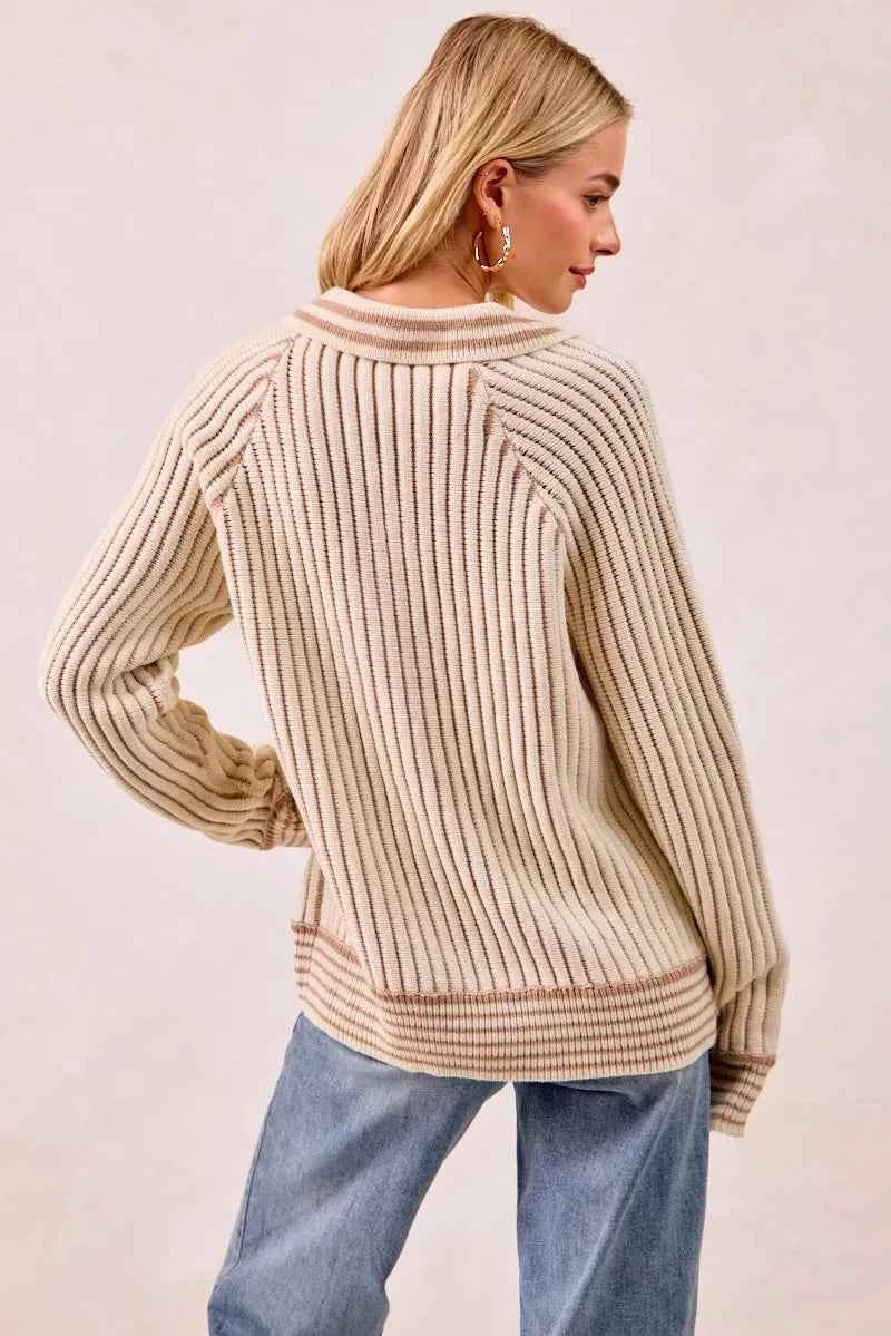 BiBi Half Button Ribbed Two Tone Sweater 3fe3382406644439adee18db6aa682e5-Max-Origin