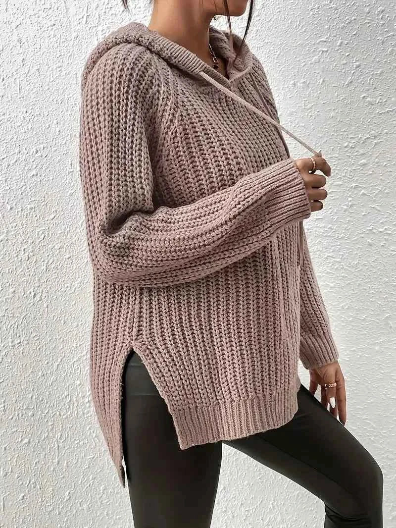High-Low Side Slit Drawstring Long Sleeve Hooded Sweater 3feabf3e-756d-4f8b-8c4d-27b3507126bb-Max