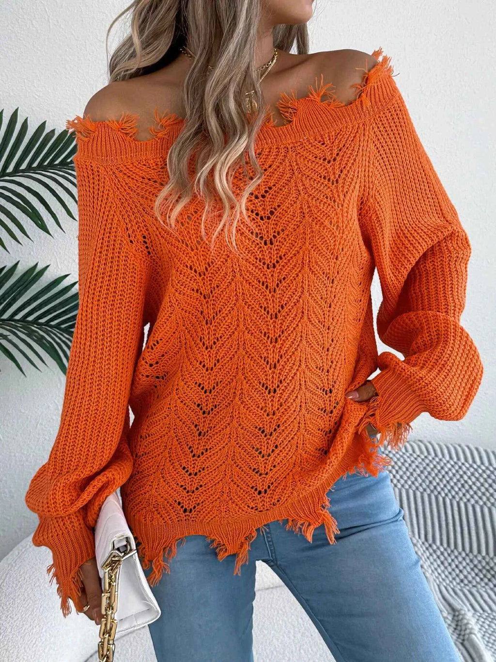 Distressed Hem Openwork Off-Shoulder Sweater Orange 3fee0b4854a74576b80da812583f3b9b-Max-Origin