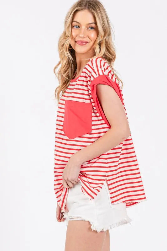 Ces Femme Side Slit Striped Cap Sleeve T-Shirt 3ff3bff2-093a-4399-b651-f00fd243796b-Max