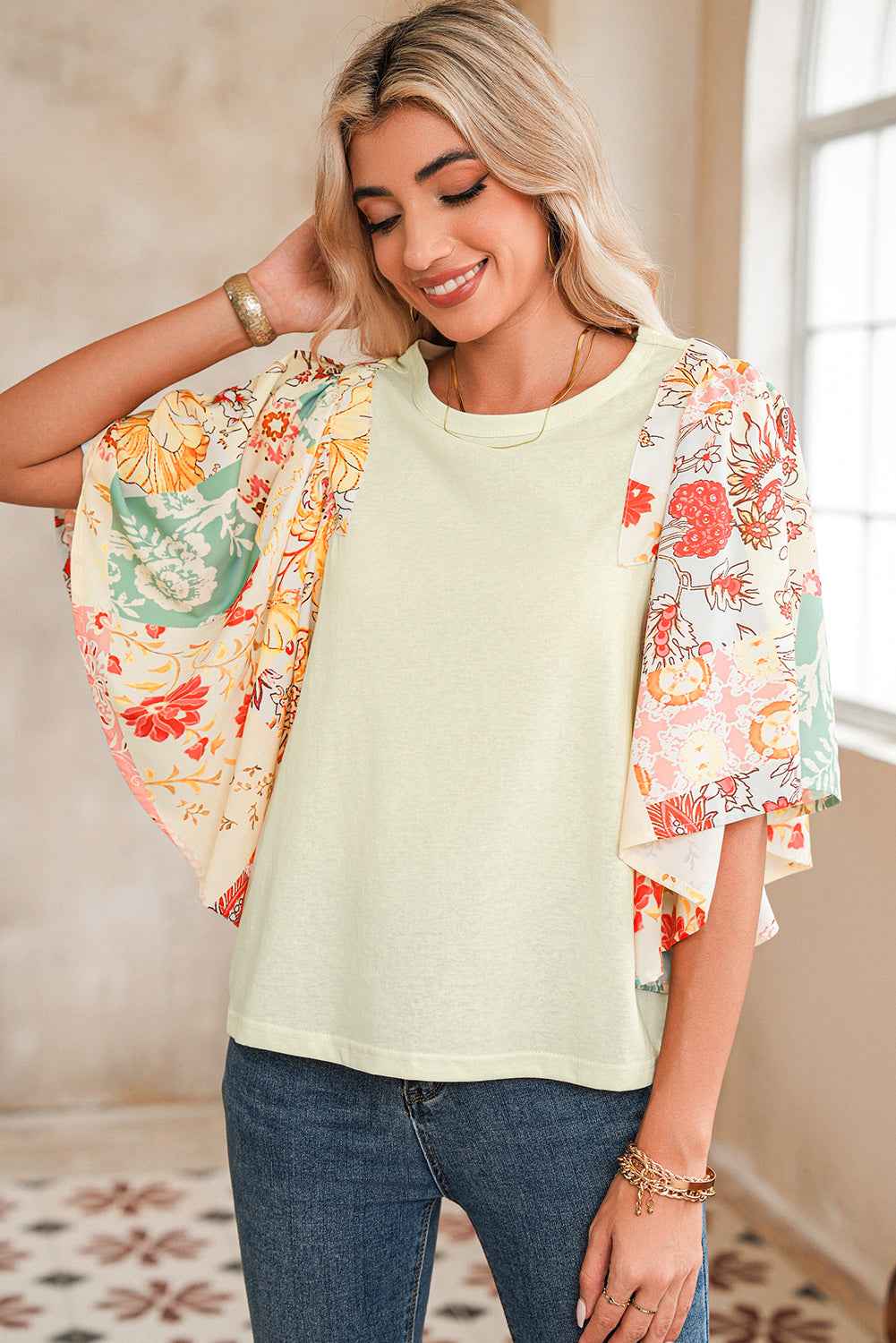 Beige Floral Patchwork Batwing Sleeve Blouse 3ffc54ef29fdeae0