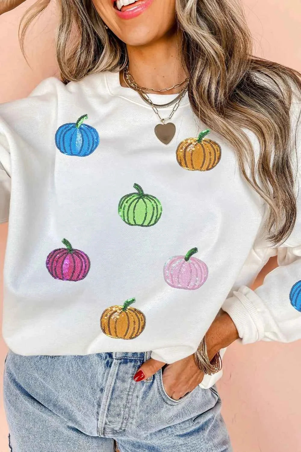 Pumpkin Round Neck Long Sleeve Sweatshirt 4008a454-5752-4aa9-8bcd-8ee278c56f98-Max-Origin