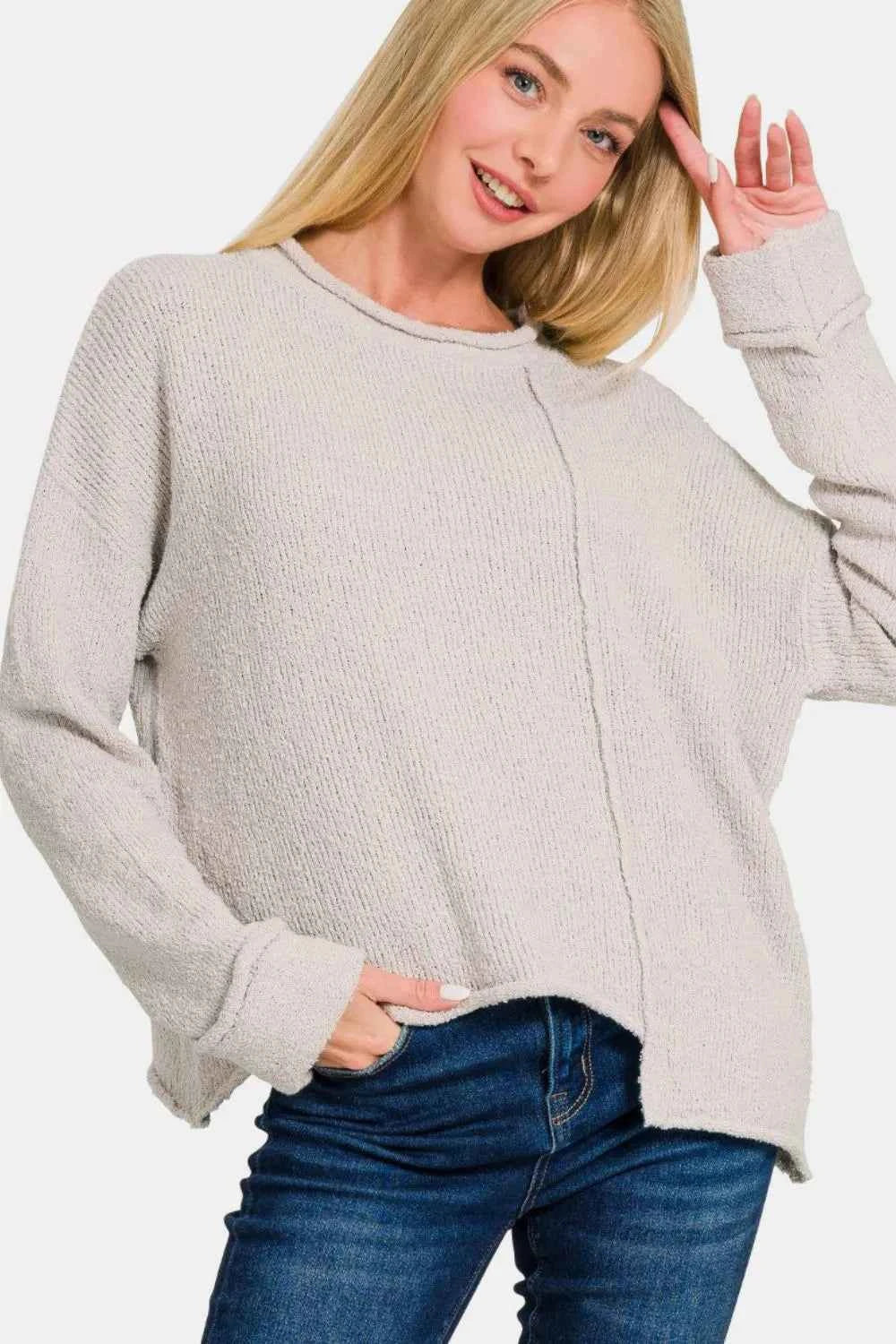Zenana Asymmetric Hem Drop Shoulder Sweater Bone 40114c1c-b4a1-4fd6-bb94-f9acc37fb50d-Max