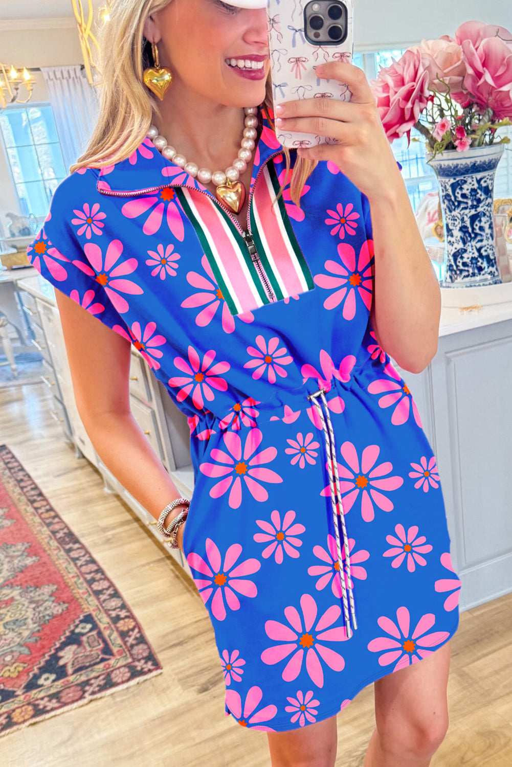 Purple Pop of Color Quarter Zip Collar Drawstring Waist Floral Mini Dress 403148ac302224c0-_3