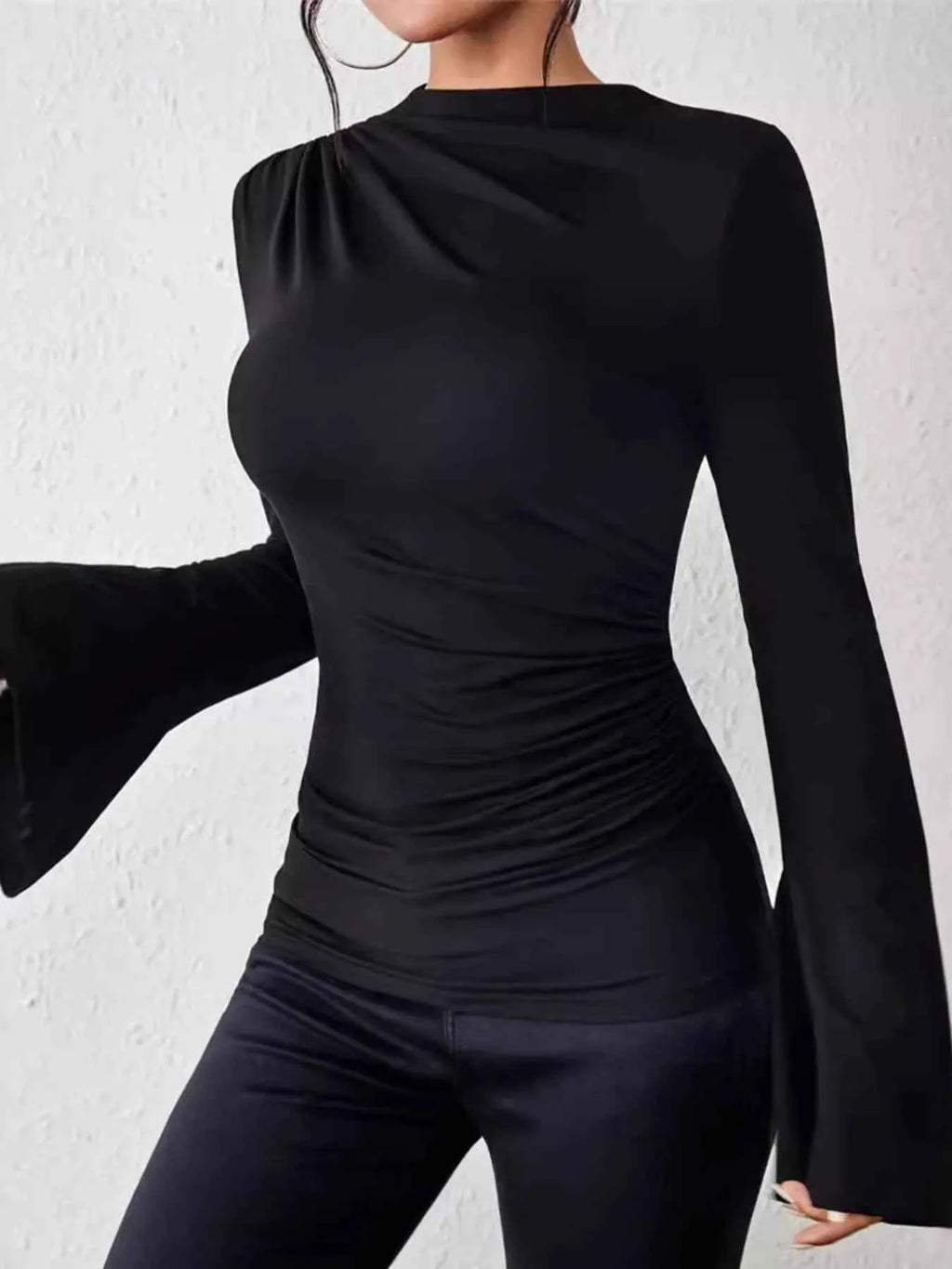 Bell Sleeve Ruched Fitted T-Shirt with Mock Neck 4033cac896754e16bc67e84a6acba237-Max-Origin