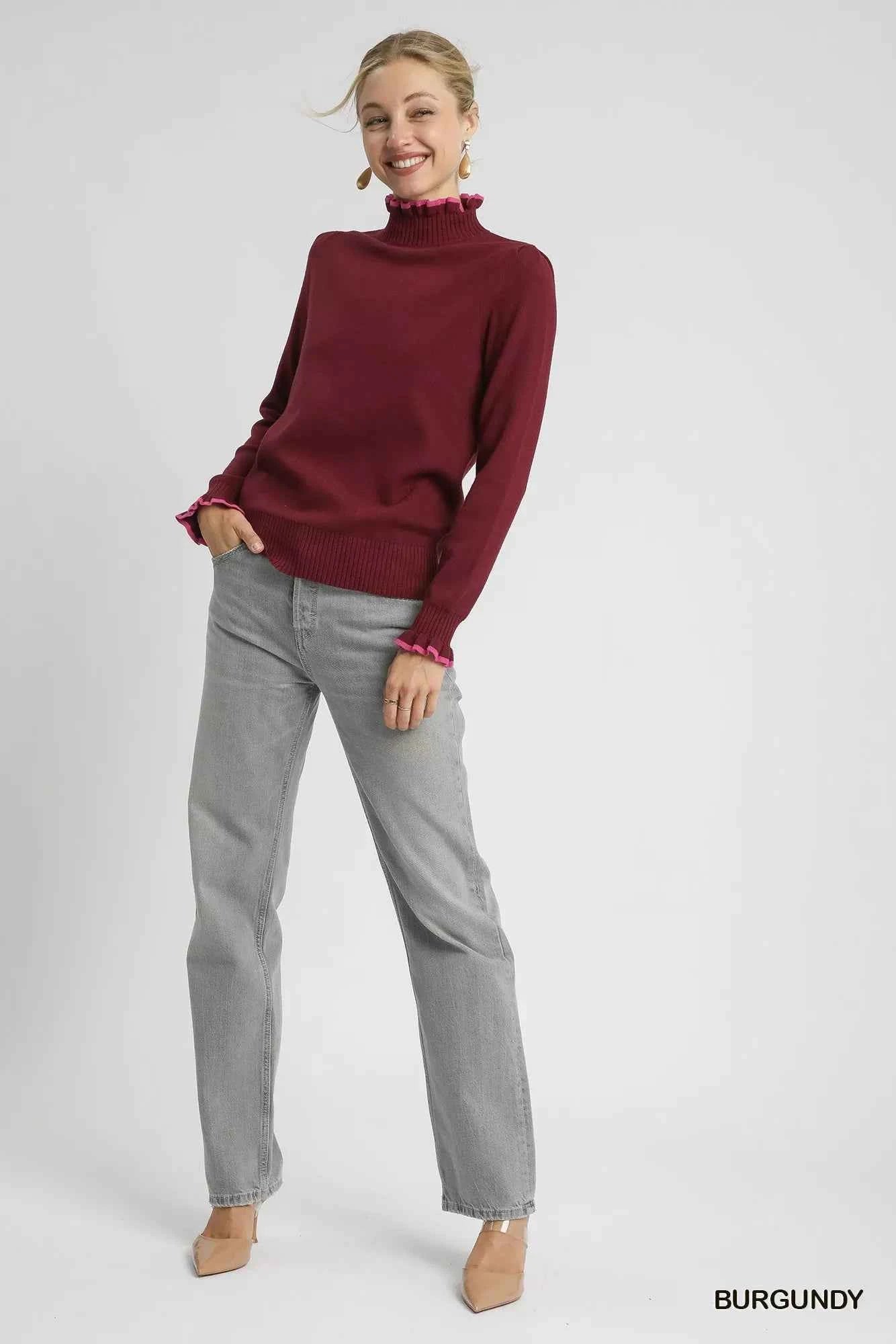 Umgee Ribbed Round Neck Sweater with Ruffle Contrast Trim 403f3e9c-4998-45a4-a75e-e0d6dd65c879-Max-Origin