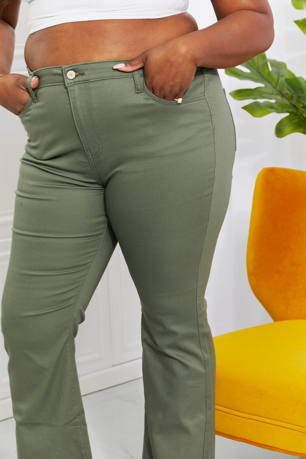 Zenana Clementine Full Size High-Rise Bootcut Jeans in Olive 4041cf4cd82e423298ccf481e2364100-Max