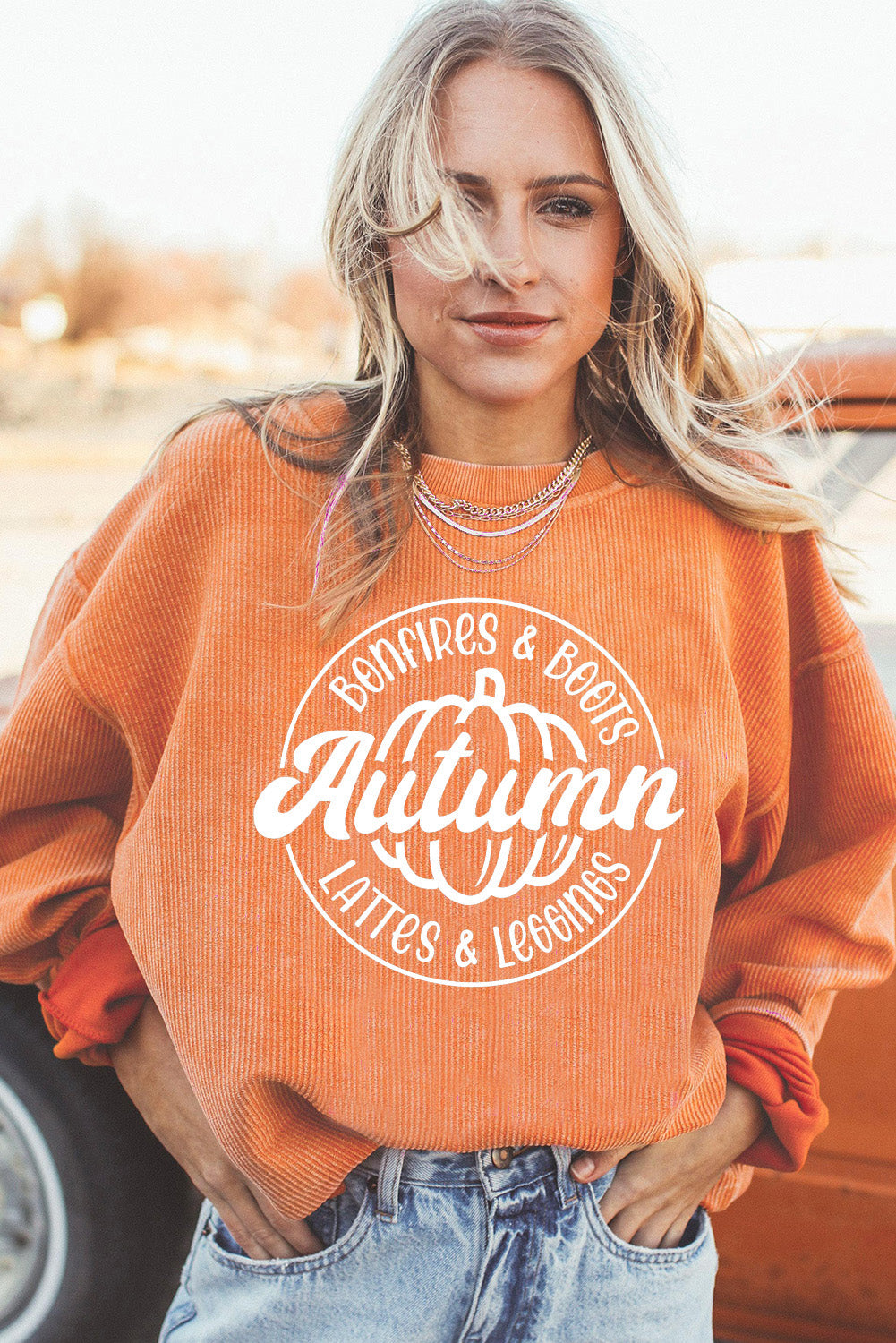 Orange Pumpkin Graphic Print Corded Oversized Sweatshirt 4046571e5f778484
