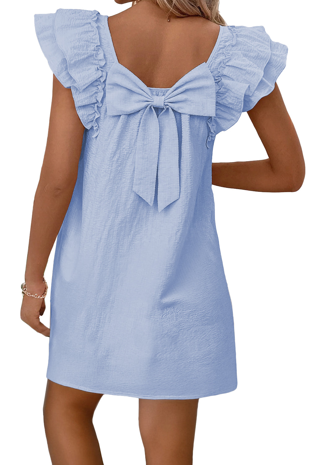 Beau Blue Textured Flutter Sleeve Square Neck Bow Back Mini Dress 404c364e9c381dcd