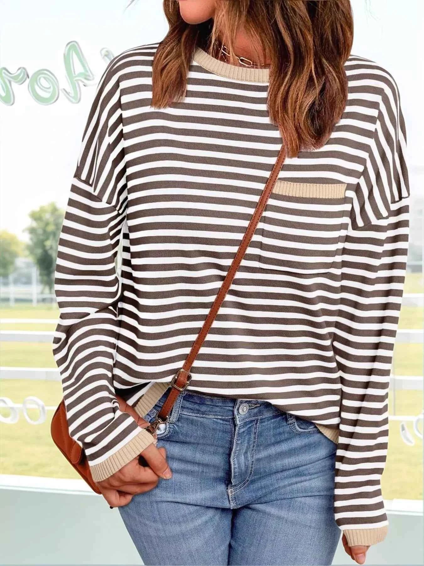 Striped Round Neck Long Sleeve Knit Top Taupe 4052a4c38e4745dda2708b69a5d7e017-Max-Origin