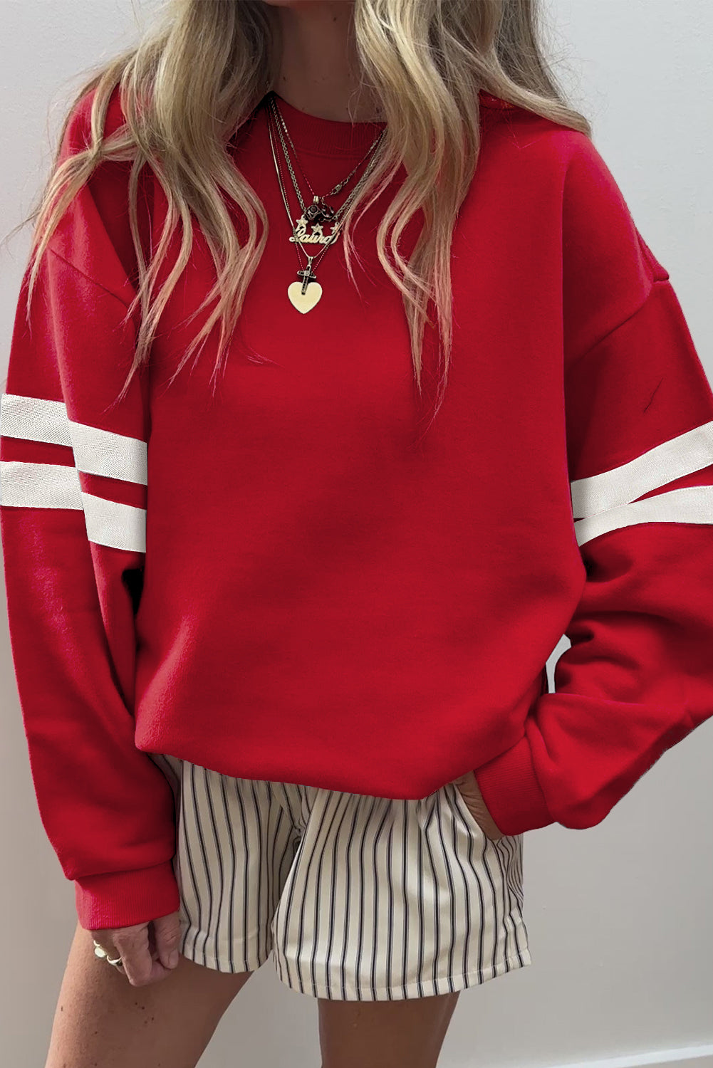 Orange Preppy Striped Sleeve Loose Sweatshirt Fiery Red 65%Polyester+35%Cotton 4055d825e98ceae5