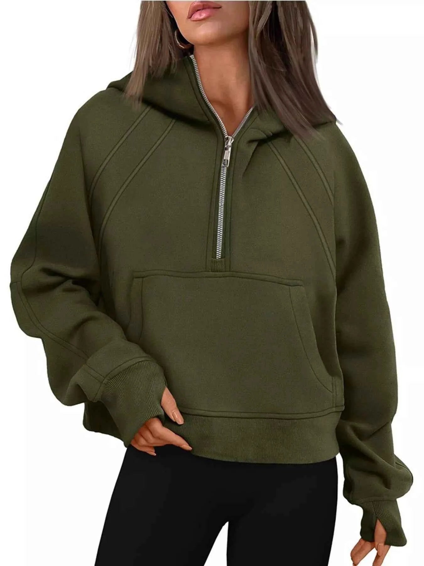 Half Zip Raglan Sleeve Hoodie Army Green 40574b0d-7a97-45e0-826a-4b2660ca5506-Max-Origin