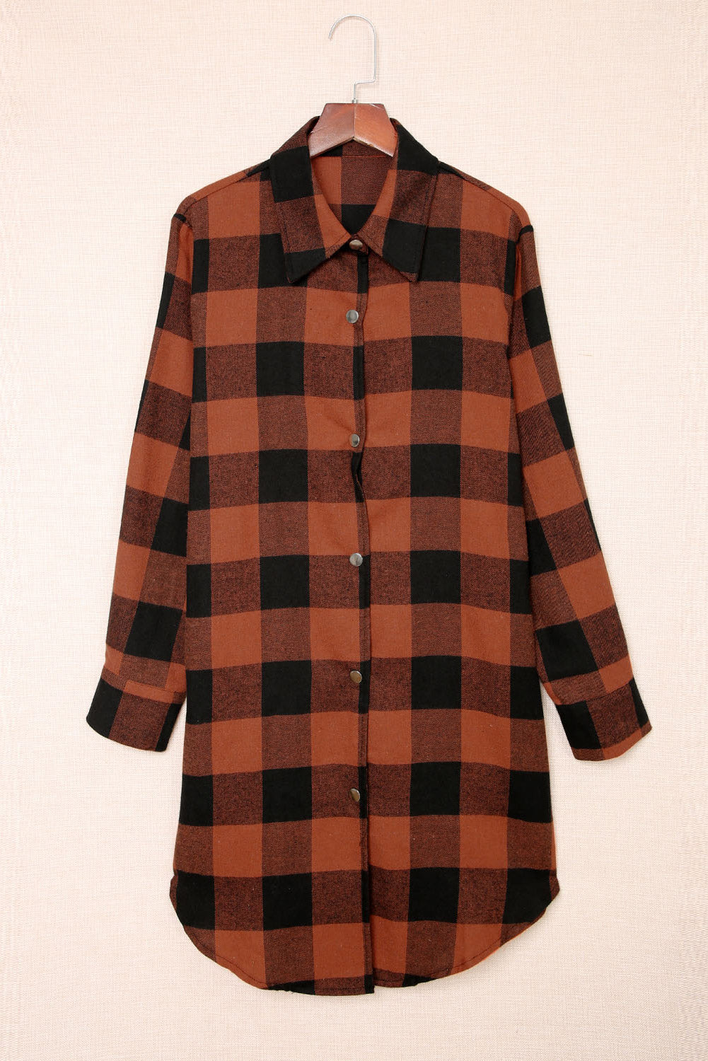 Brown & Black Plaid Collared Botton Down Long Shirt Shacket 405b45545069180b