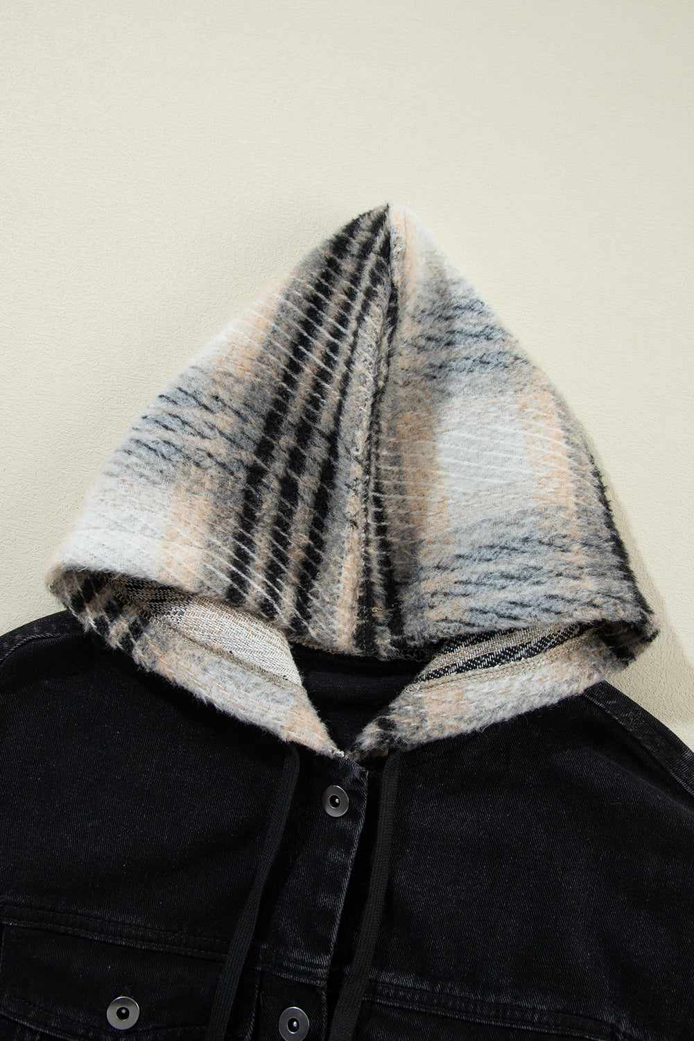 Black Patchwork Plaid Sleeve Frayed Hem Hooded Denim Jacket 4068885901acae40