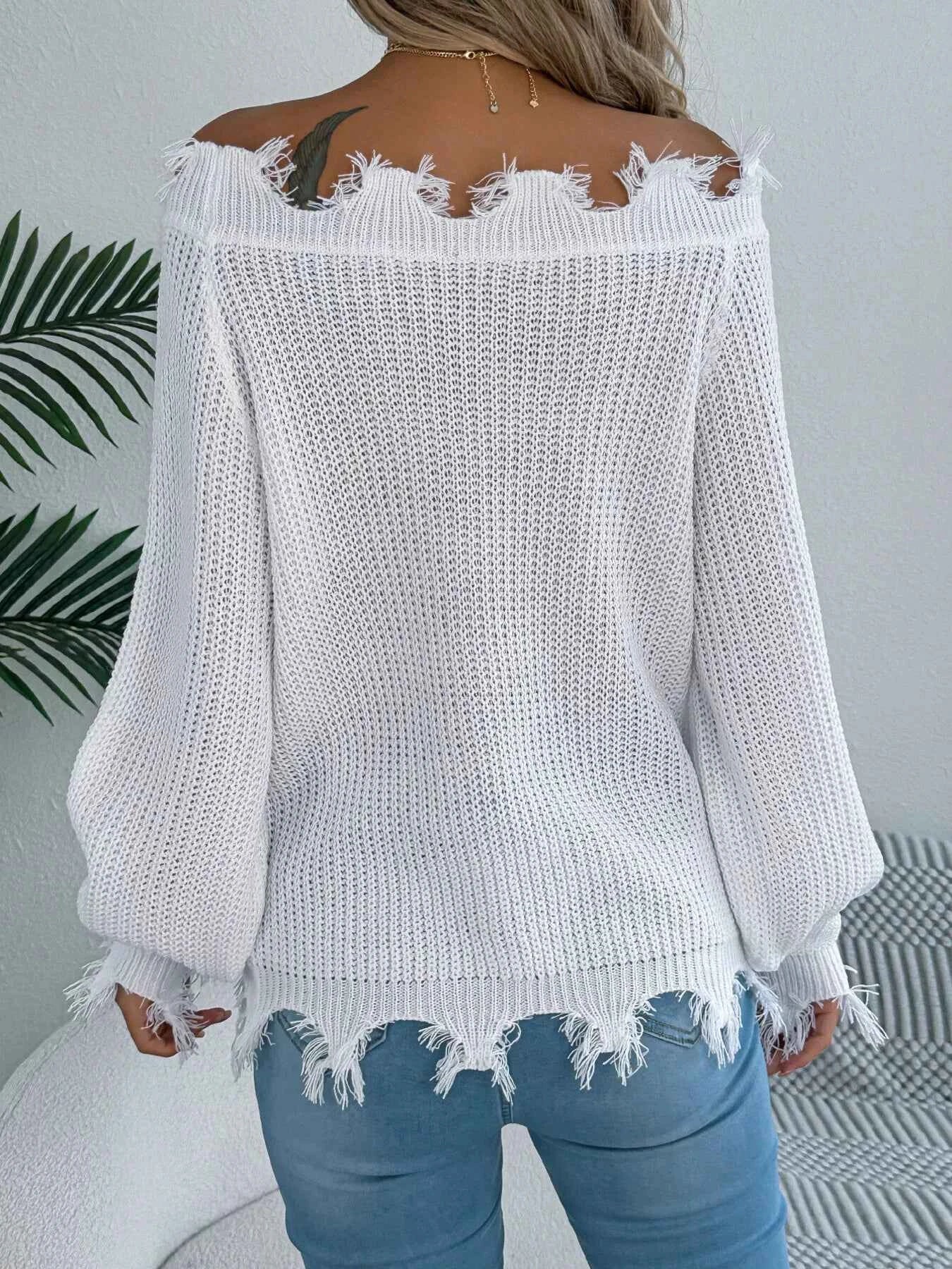 Distressed Hem Openwork Off-Shoulder Sweater 407febf5e3de43eeb47814d8c777e2fd-Max-Origin