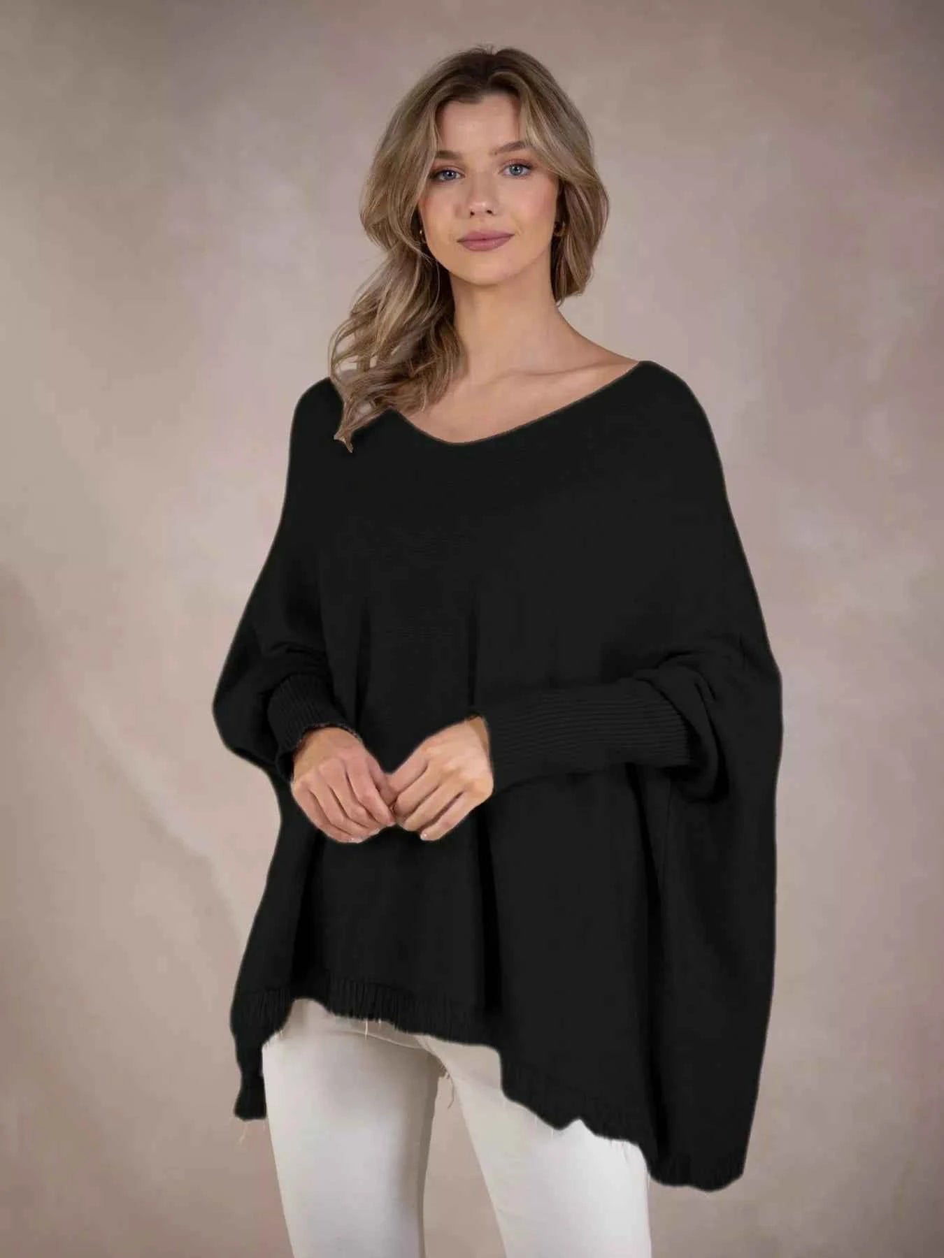 Raw Hem V-Neck Sweater Black One Size 4082b6b7-d519-48b3-bf0d-3178a7e457c3-Max-Origin