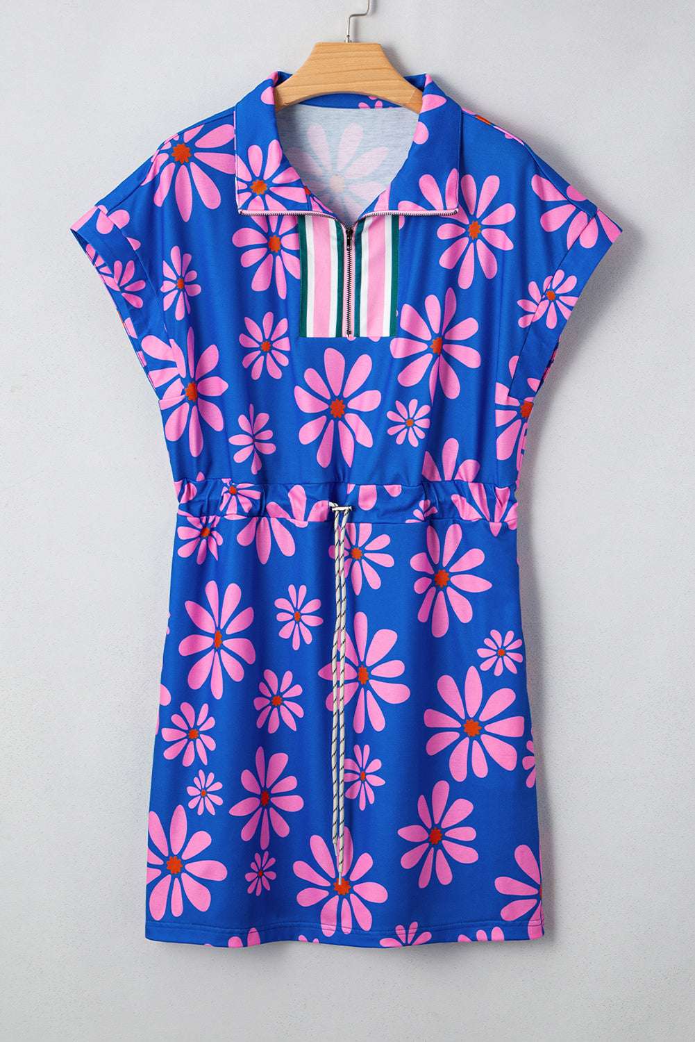 Purple Pop of Color Quarter Zip Collar Drawstring Waist Floral Mini Dress 408de9c7f5359f01-_4