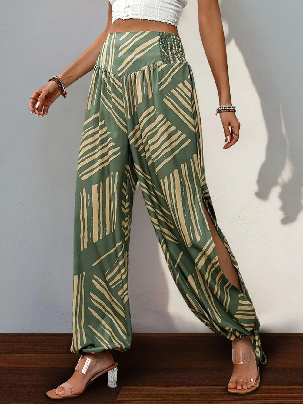 Perfee Smocked Slit Printed High Waist Pants 40b8751f-3a51-48a7-a85f-e942543881c8-Max