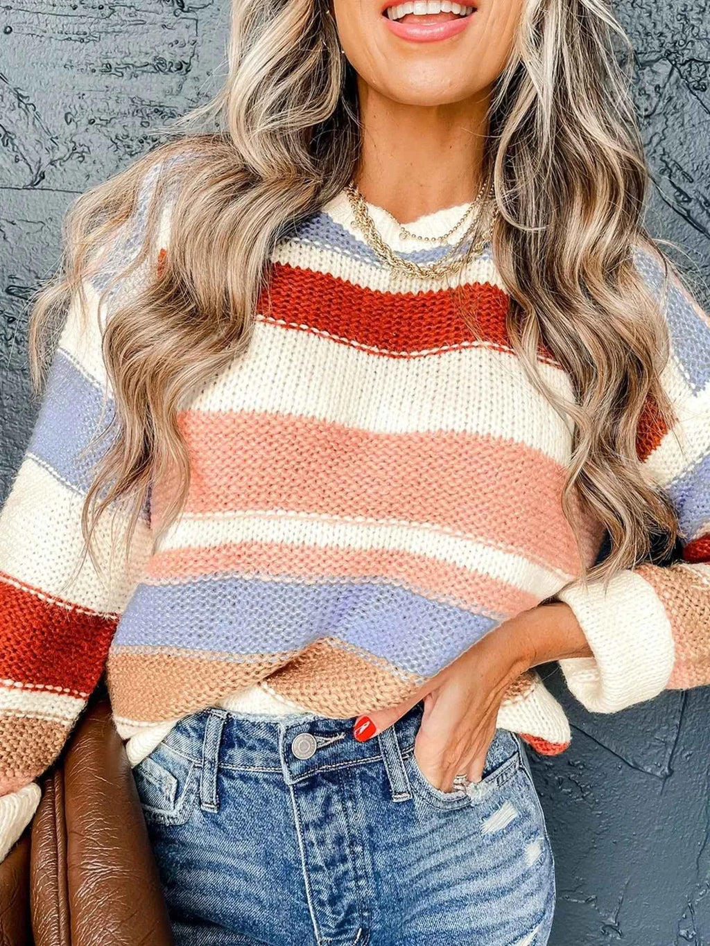 Multi-Color Striped Round Neck Sweater 40c47f0fd7c14f30a538fe03ee99c70f-Max-Origin