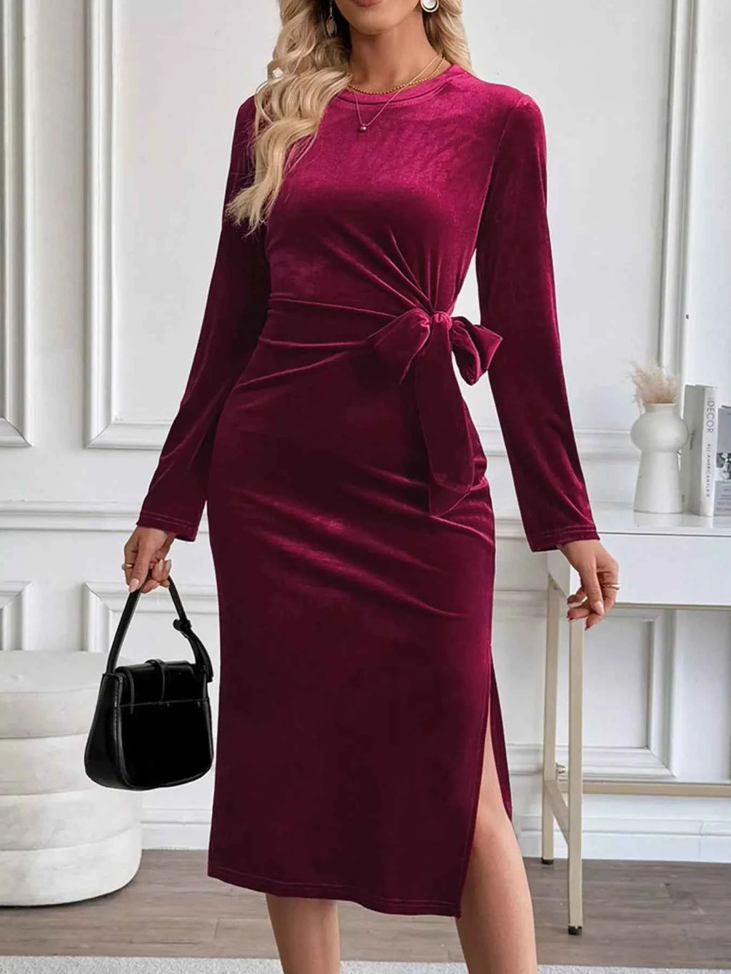 Velvet Slit Round Neck Long Sleeve Dress with Side Tie Detail 40d1efcc-cfcf-4161-a8b0-91ec70b3cf44-Max-Origin