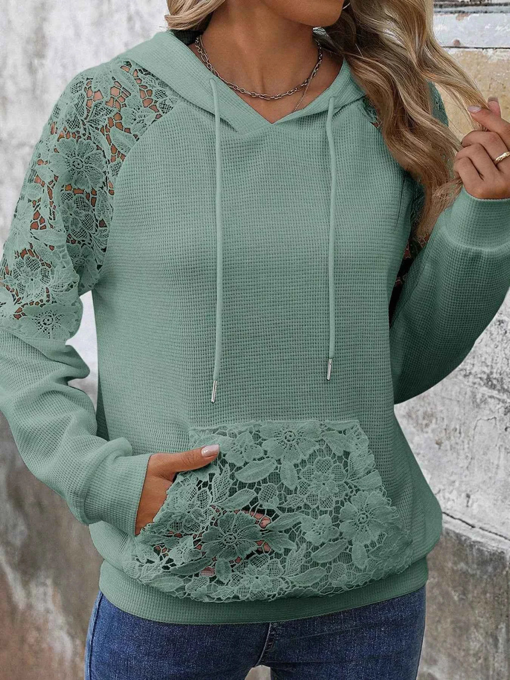 Lace Detail Drawstring Long Sleeve Hoodie 40d68617-3e1b-455c-8c27-51afe20bb359-Max-Origin