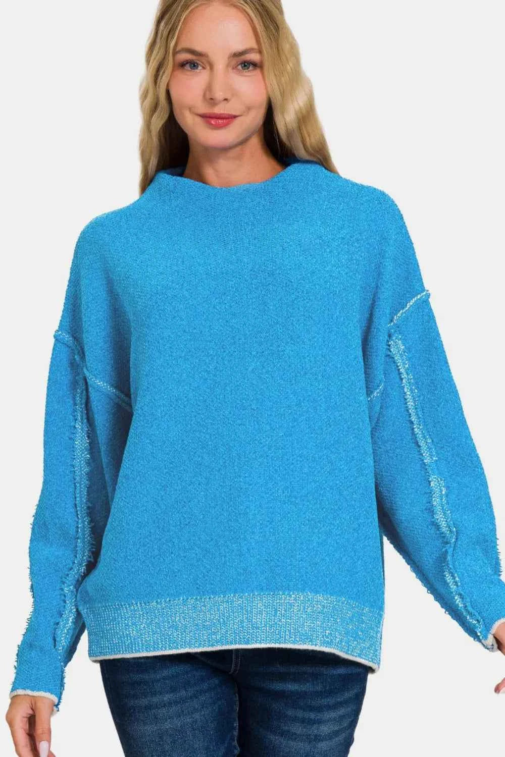 Zenana Exposed Seam Mock Neck Long Sleeve Sweater 40df7982-a4e8-483e-878f-29f863166125-Max
