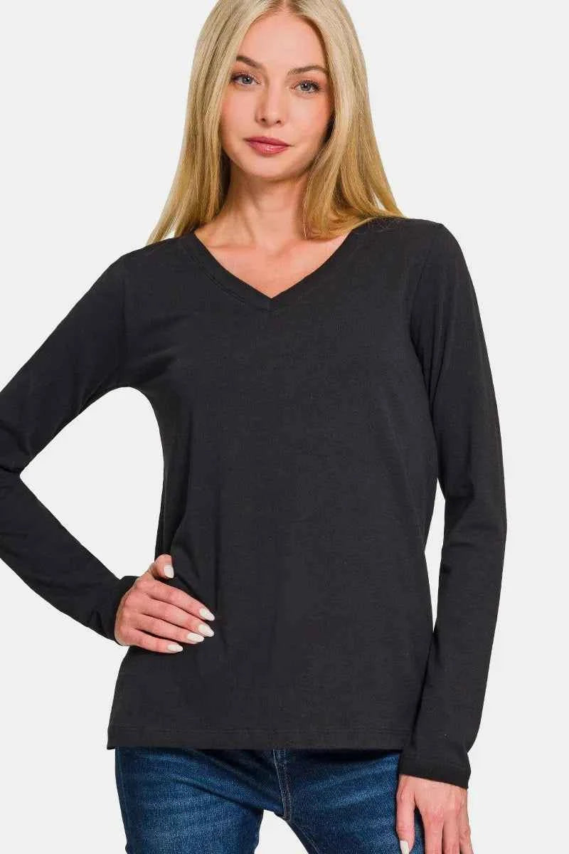 Zenana Full Size V-Neck Long Sleeve T-Shirt Black 40e05486-3a35-4dfb-a34c-98c319742da0-Max