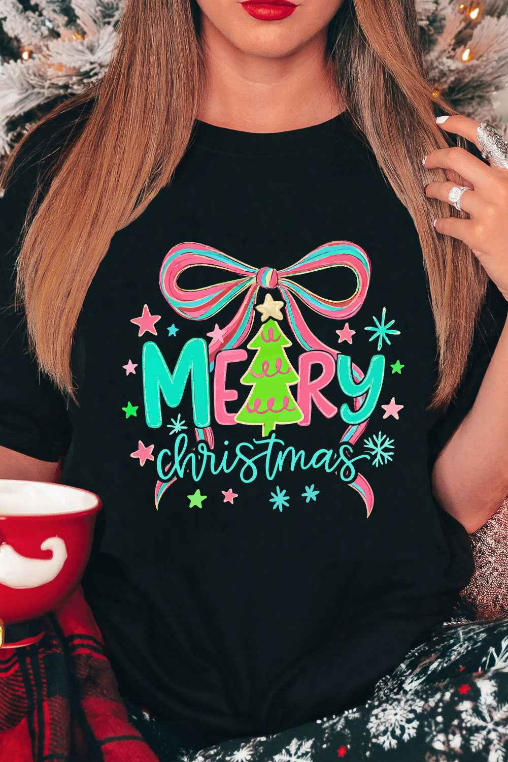Black MERRY Christmas Vibrant Bow Heat Transfer Printing T Shirt 40ed21de5a7956ce