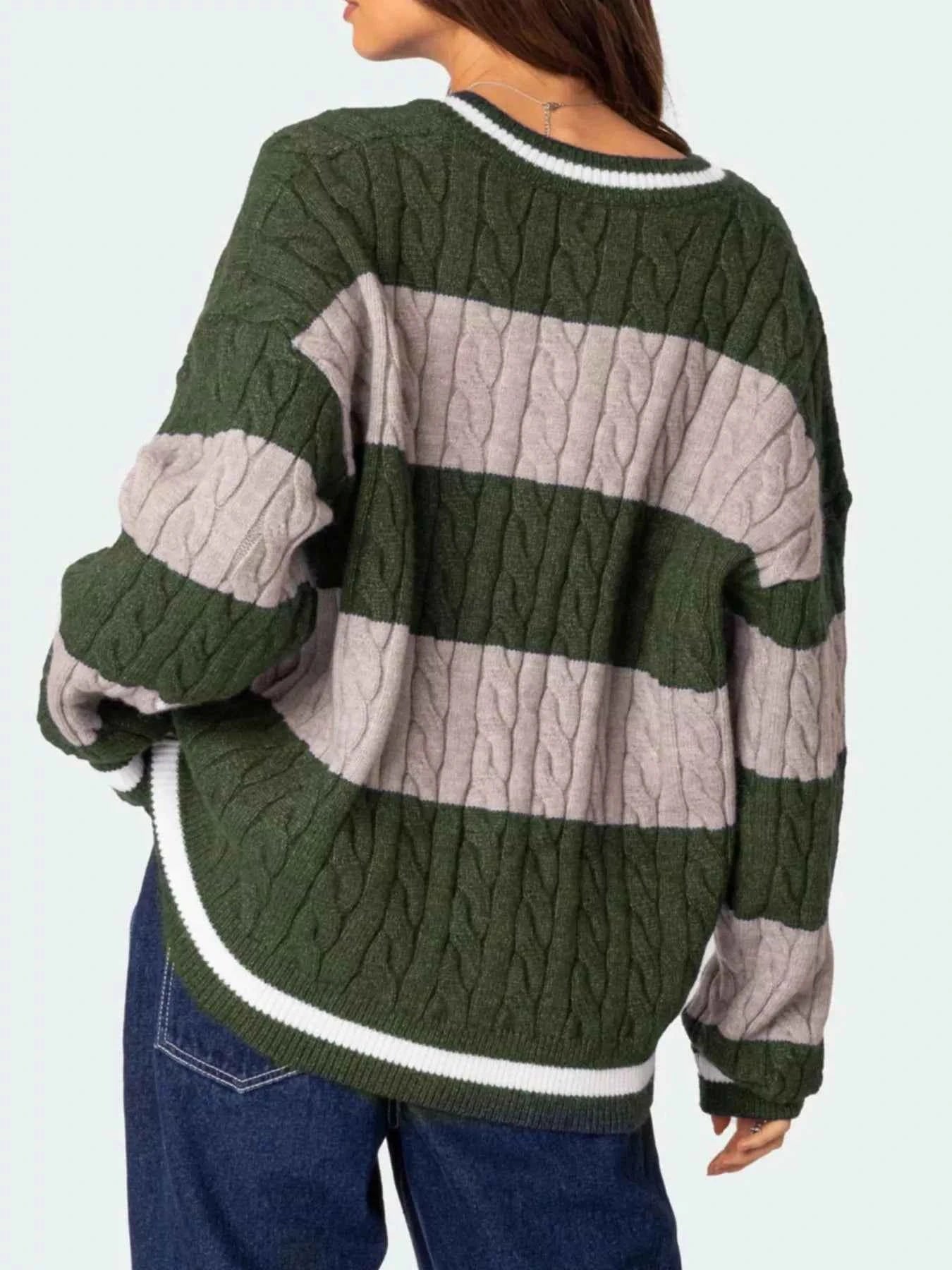 Striped Cable Knit V-Neck Sweater 40eddf5a-3ac3-4bd6-8137-4606c636f250-Max-Origin