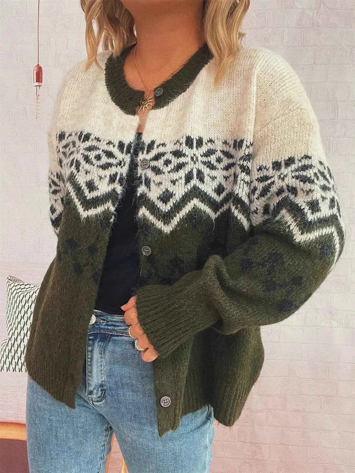 Christmas Button Up Drop Shoulder Cardigan Army Green One Size 410427e442df4d89be23d7a377625b5b-Max-Origin