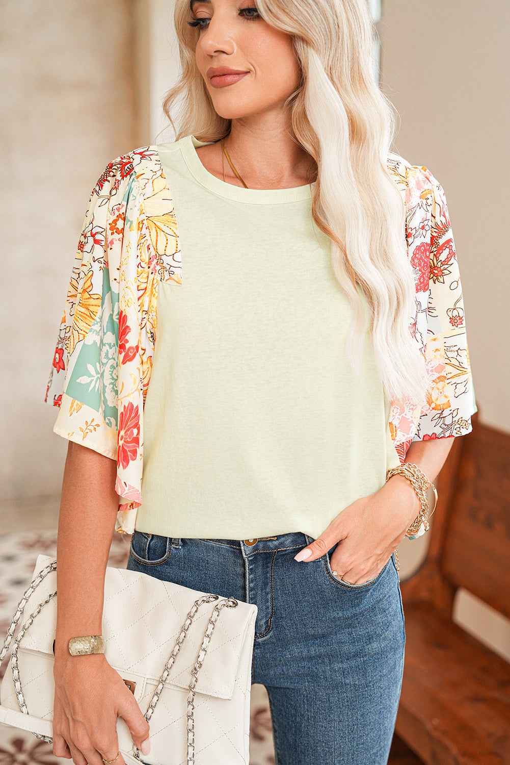 Beige Floral Patchwork Batwing Sleeve Blouse 411d86e0ec17875d