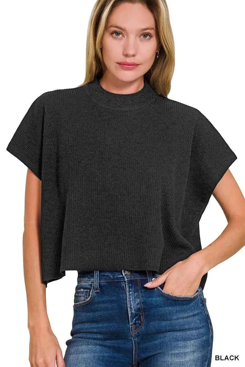 Zenana Viscose Mock Neck Short Sleeve Boxy Sweater BLACK 4138aecf77b049189594a69d920e7e5c-Max-Origin