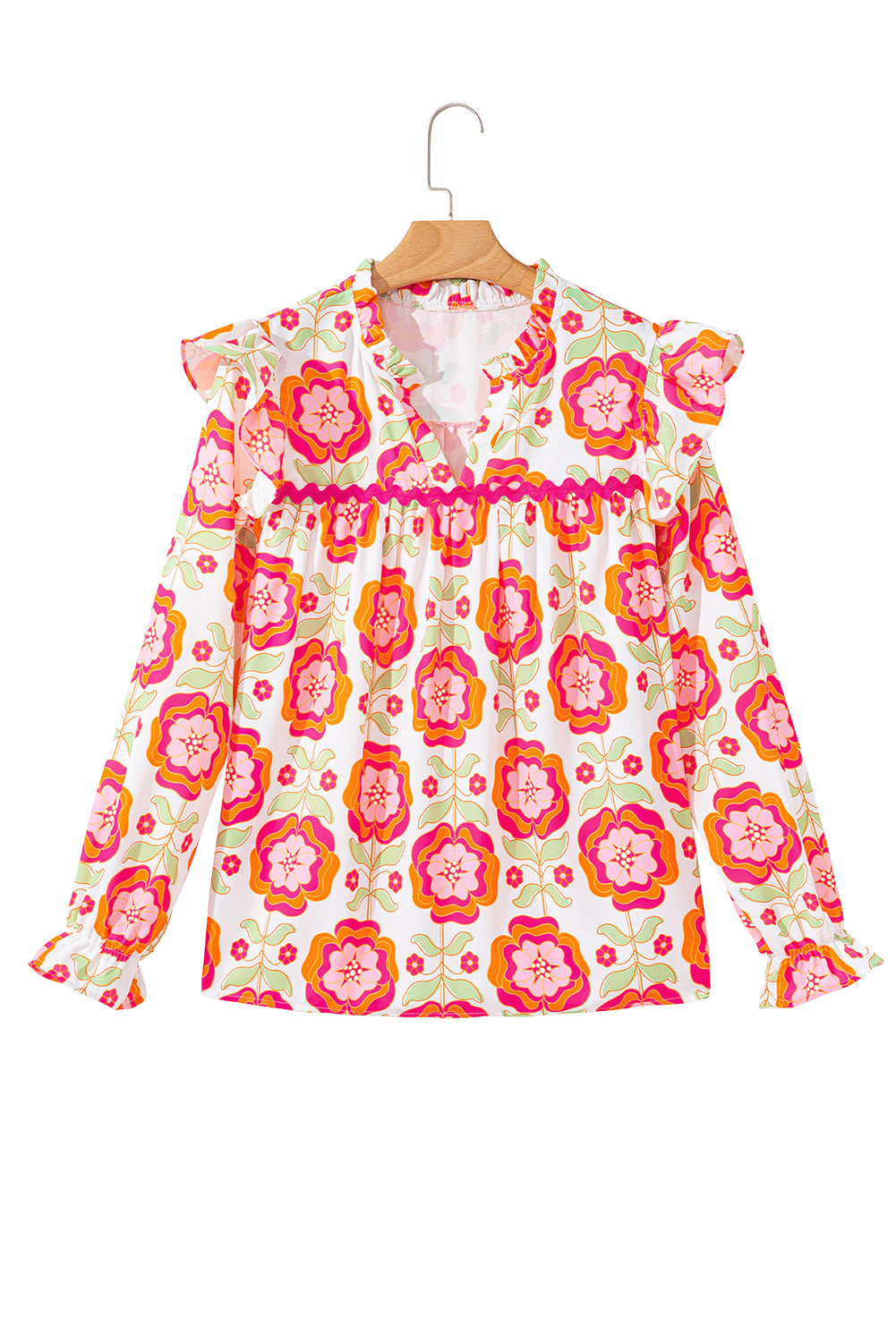 Rose Floral V Neck Ricrac Trim Ruffle Long Sleeve Blouse 415ed814b10c6d5d