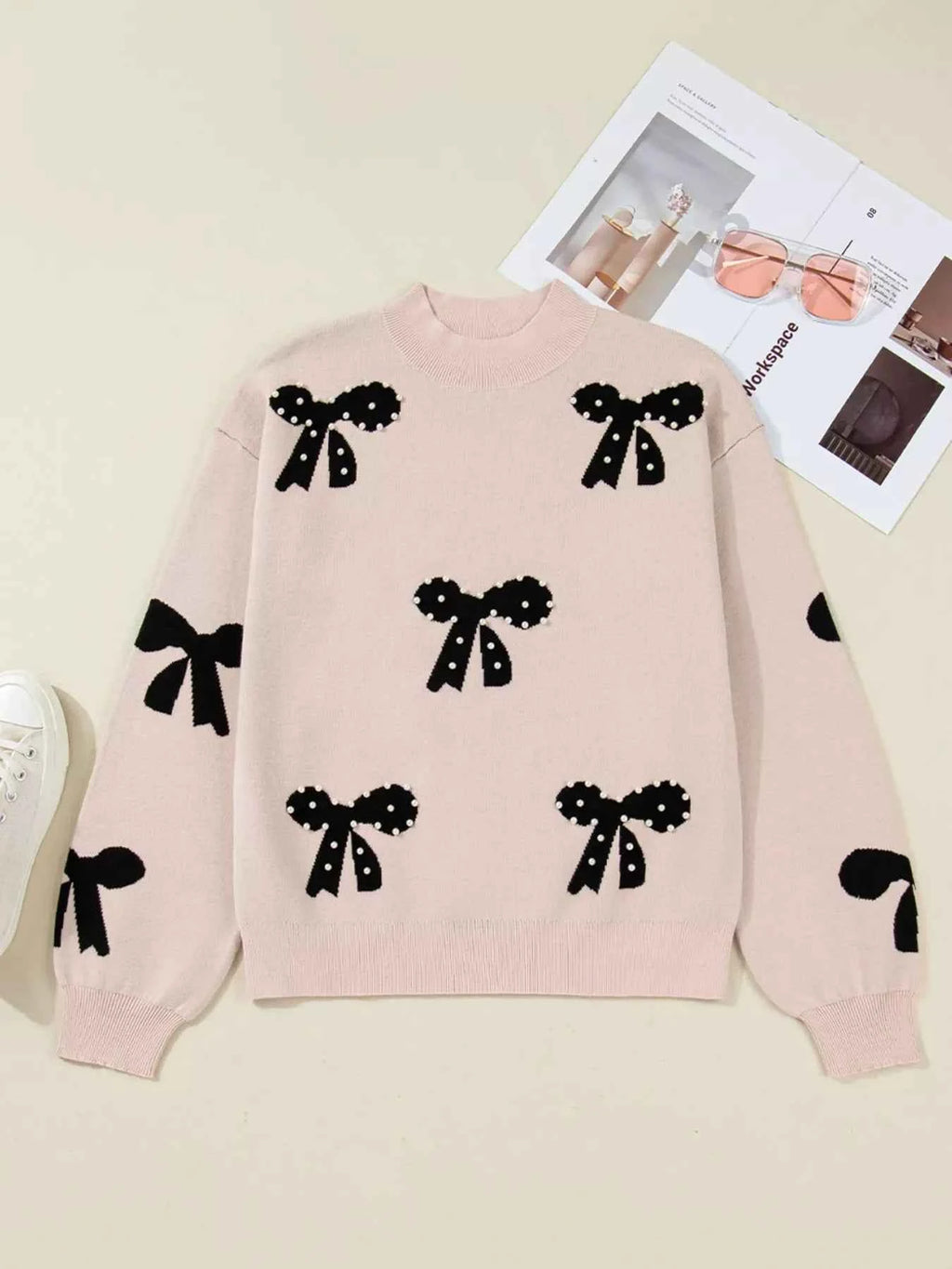 Pearl Embellished Bow Pattern Loose Sweater 4164f40cd0f542e6a03ae8480a76f9f4-Max-Origin