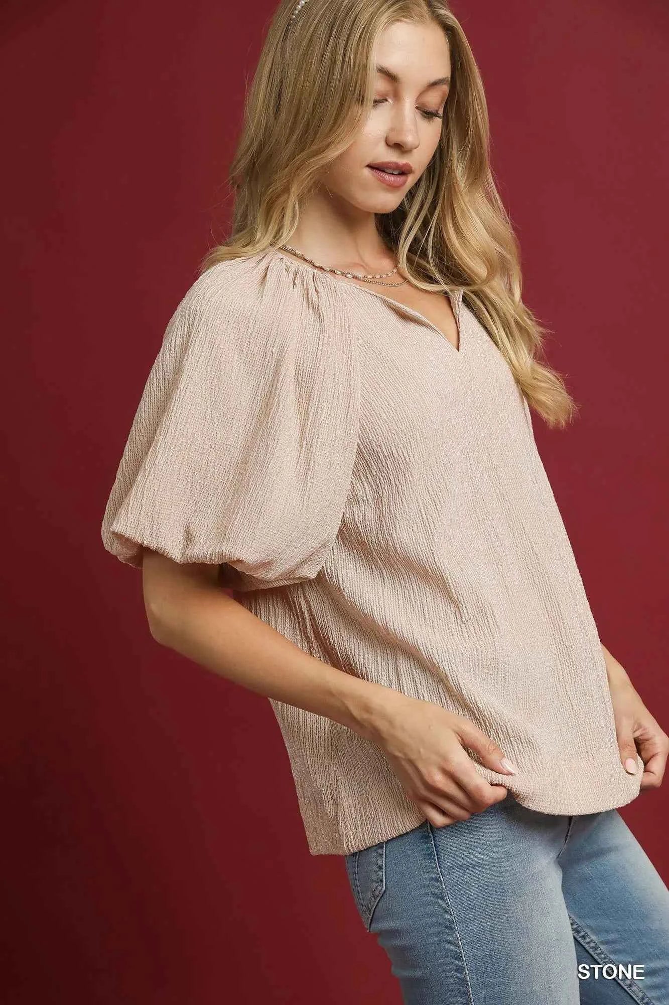 Umgee Texture Puff Sleeve Notched Blouse 41690c02-5b79-4ed4-9321-2ce873b588fd-Max-Origin