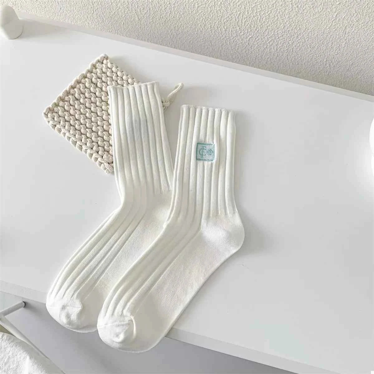 Breathable Ribbed Knit Crew Socks White One Size 41702167-de96-4e86-a966-32cb38a4bc99-Max-Origin