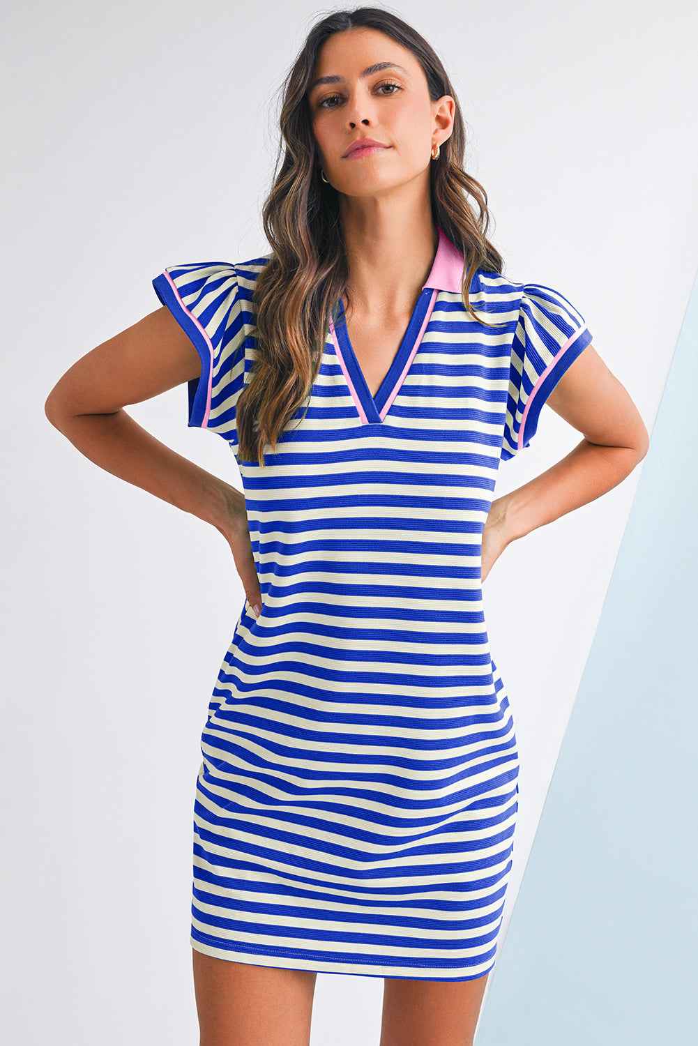 Dark Blue Striped Ruffle Short Sleeve Pop of Color Neckline Dress 4171278d319e79e8
