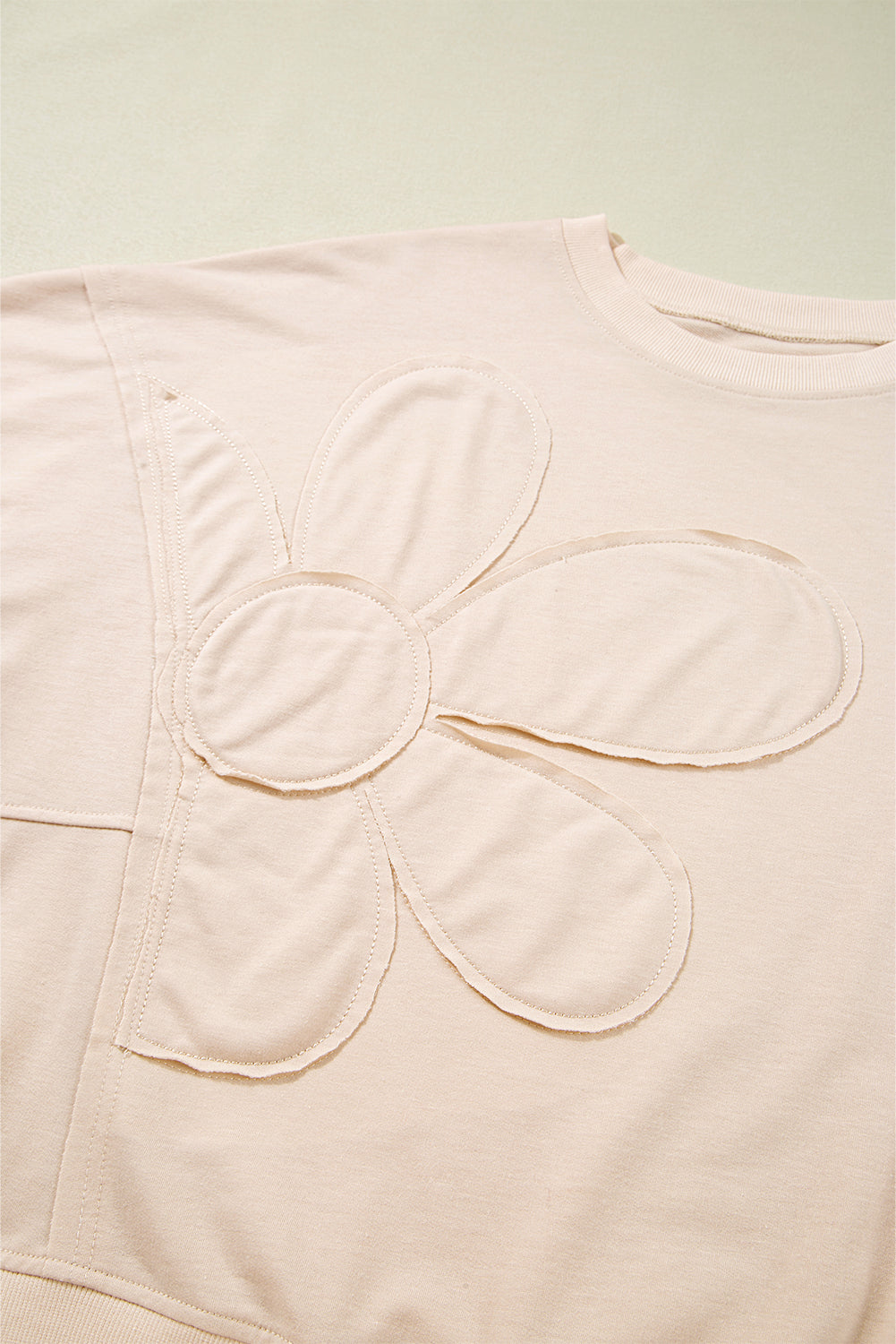 Smoke Green Raw Edge Flower Patch Drop Shoulder Long Sleeve Top 417e9a43e115a412