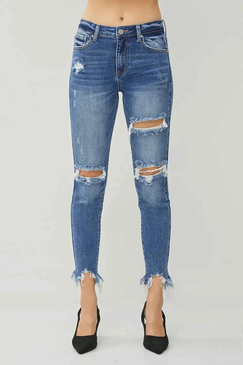 RISEN Distressed Frayed Hem Slim Jeans 4181af14-b770-428a-a69c-3aa7edadba5d-Max