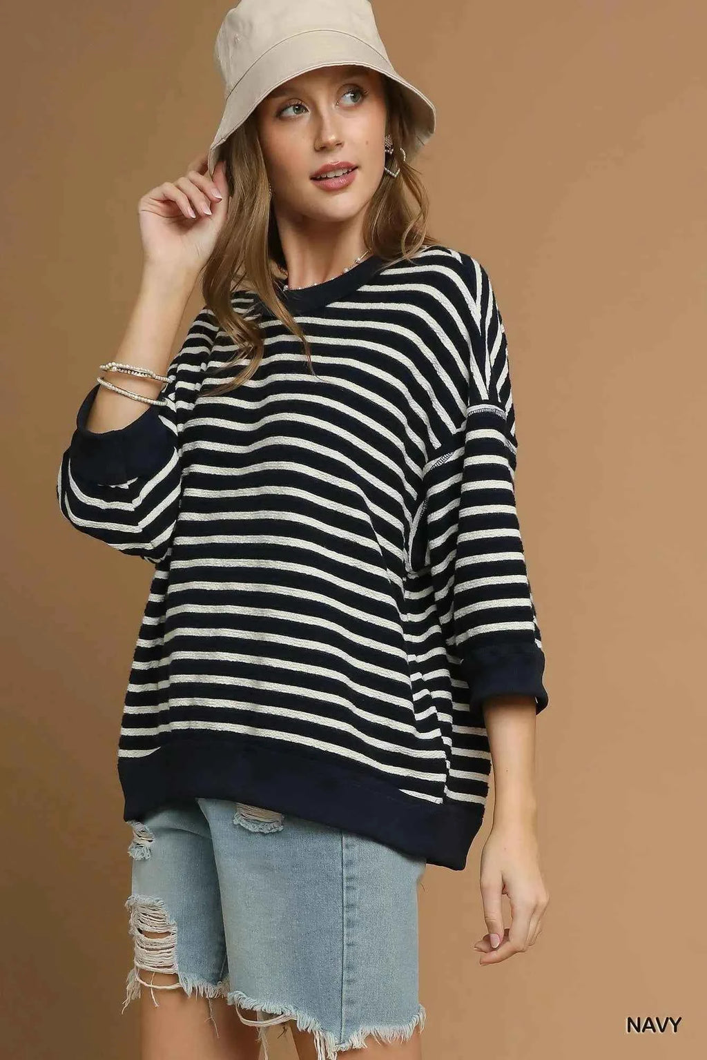 Umgee Ribbed Hem Striped Oversized Knit Top Navy 418b3022-5900-46d1-b155-6d8ed9b89457-Max-Origin