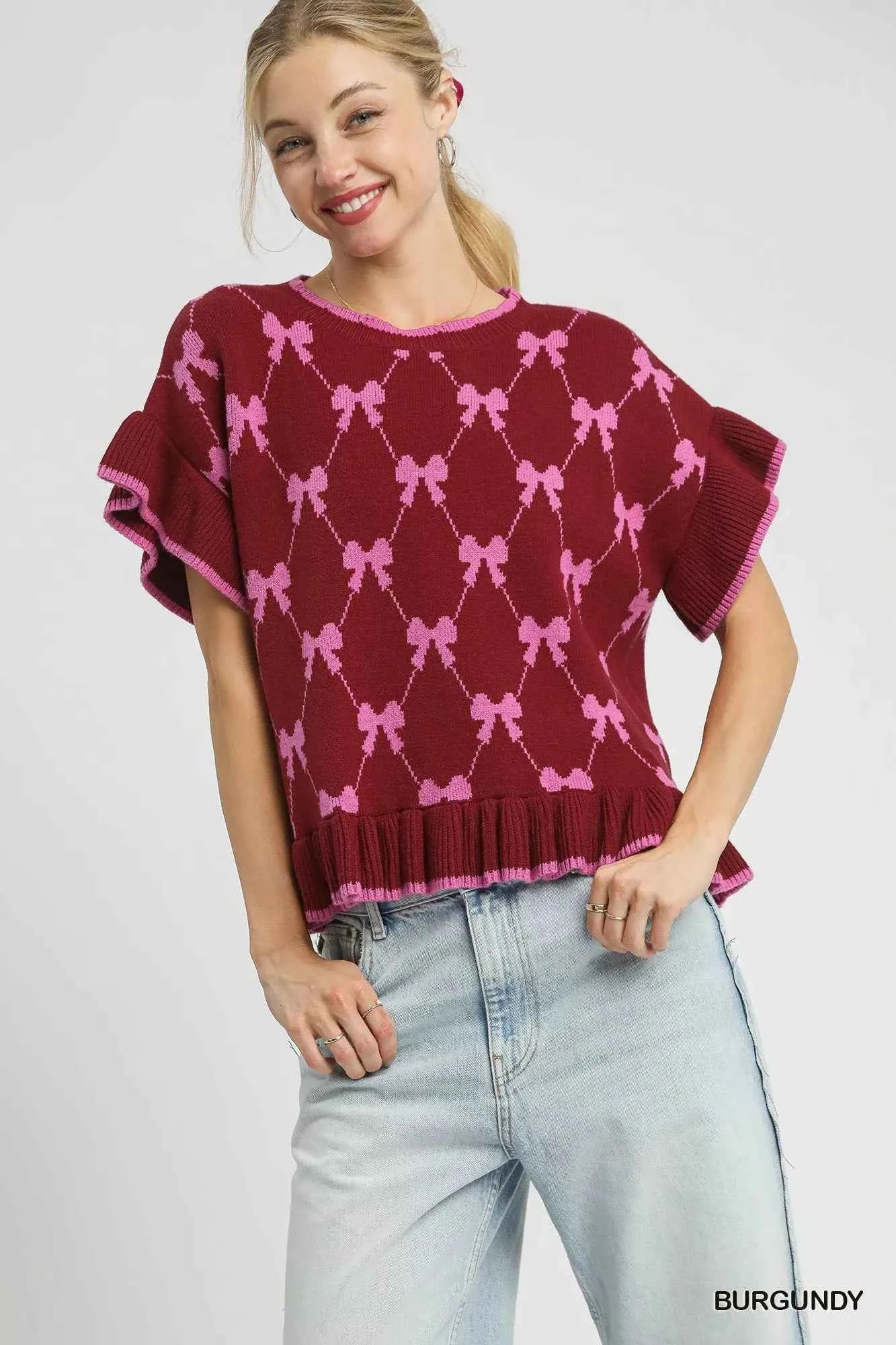 Umgee Bow Knit Ruffle Sleeve Sweater Burgundy 419af101-024d-4649-8aec-7047054f890e-Max-Origin